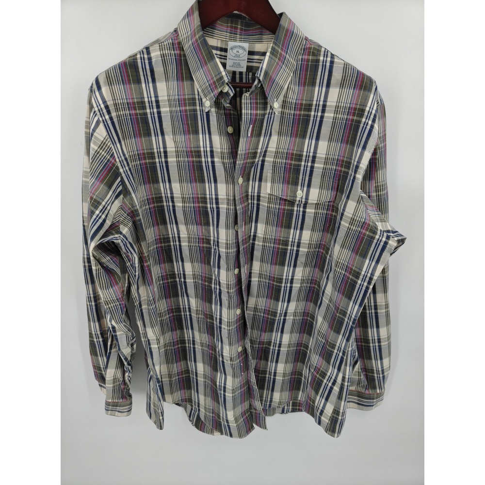 Brooks Brothers 346 Mens XL Slim Fit Non-Iron Cotton Plaid Button Down Shirt